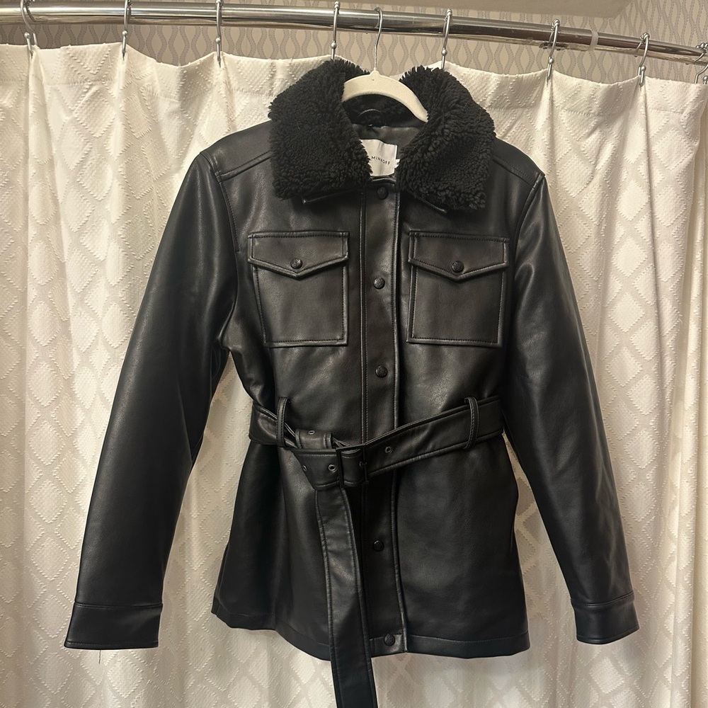 Rebecca Minkoff Black faux Leather Jacket with Shearling Collar